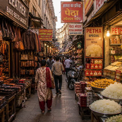 Agra Sadar Bazar leather shops and Petha trays