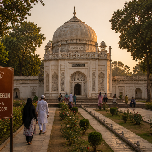 Open marble grave of Princess Jahanara Begum