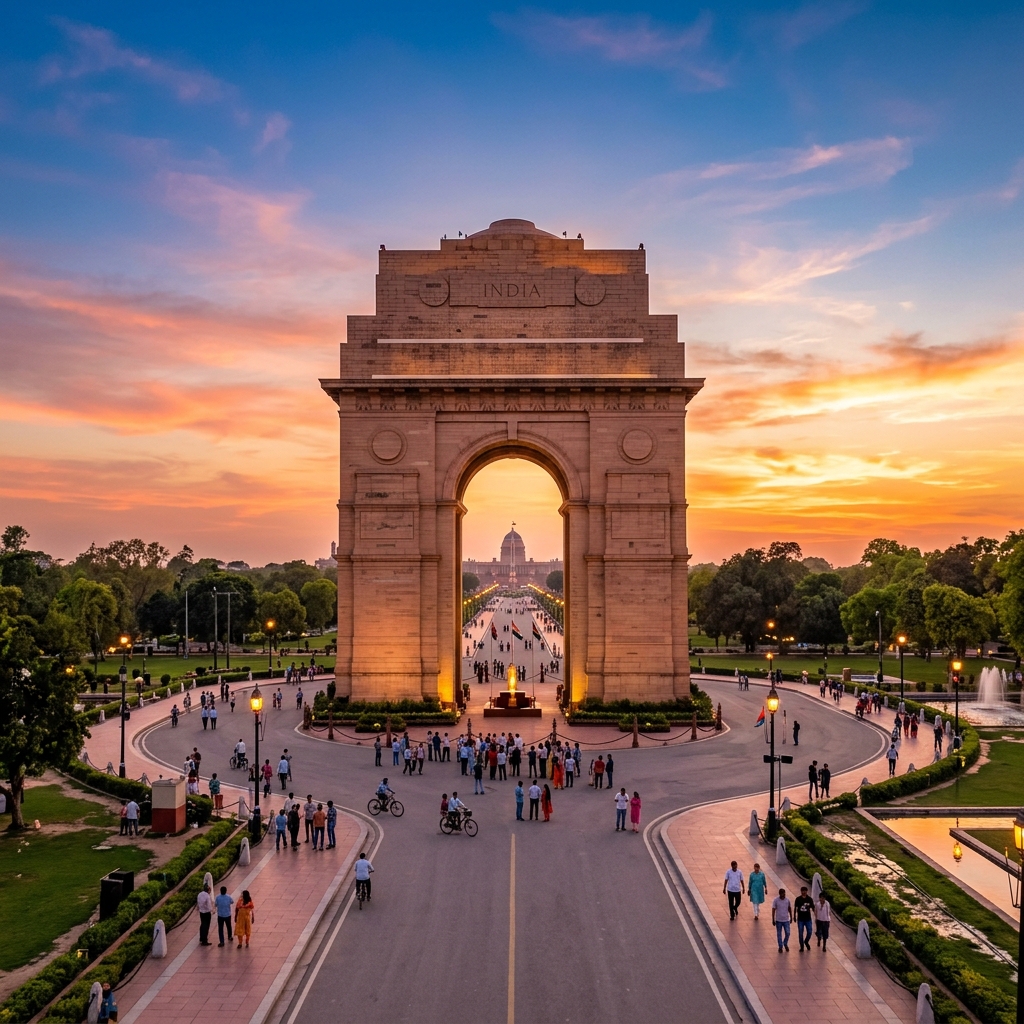 Tourists sightseeing historic landmarks in Delhi