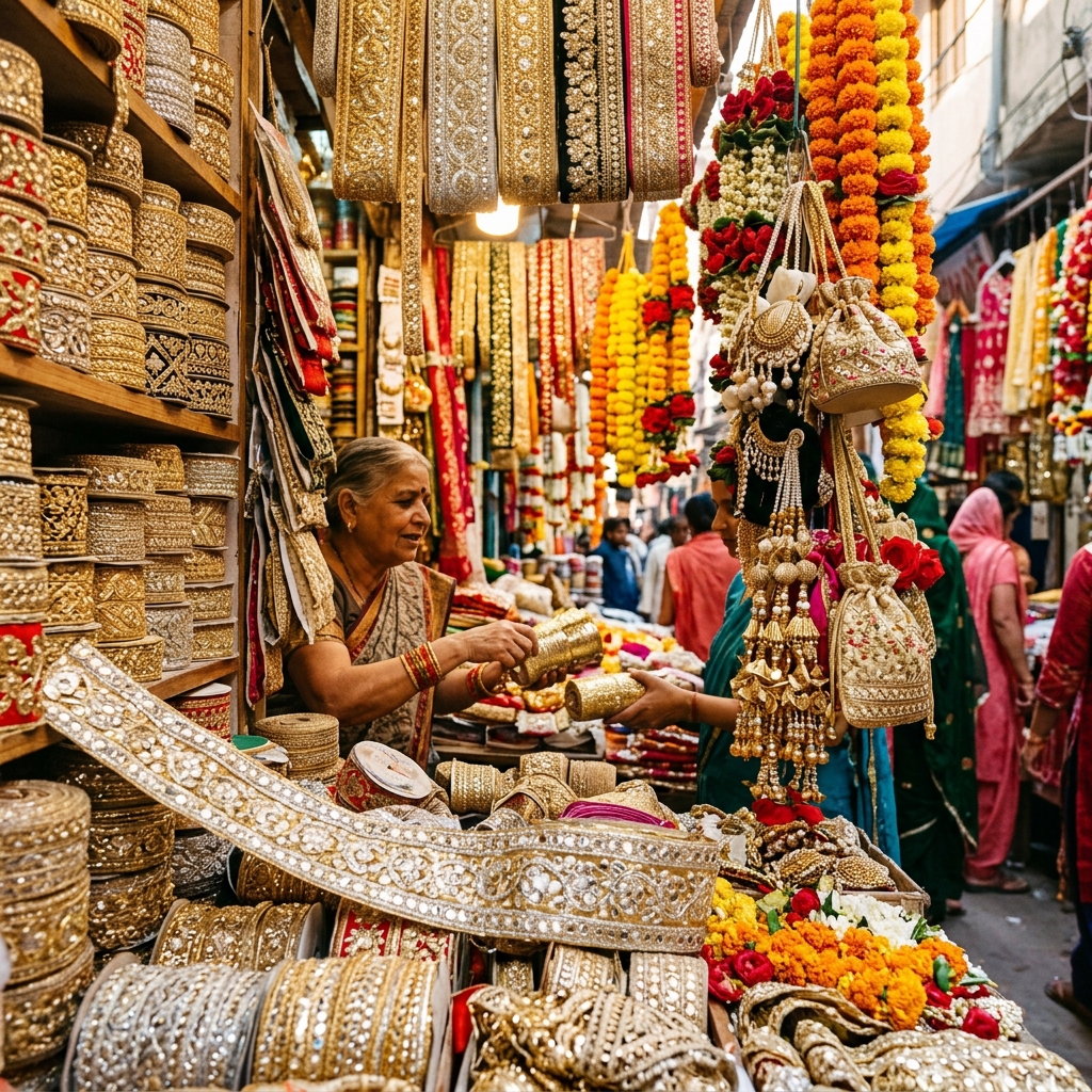 Colorful wedding decorations in Old Delhi market